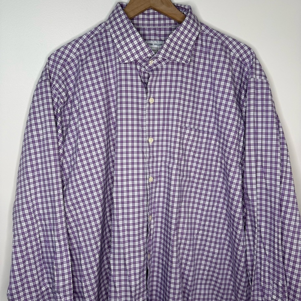 Peter Millar Jackson Crown Lite Cotton Stretch Gingham Sport Shirt Purple XXL